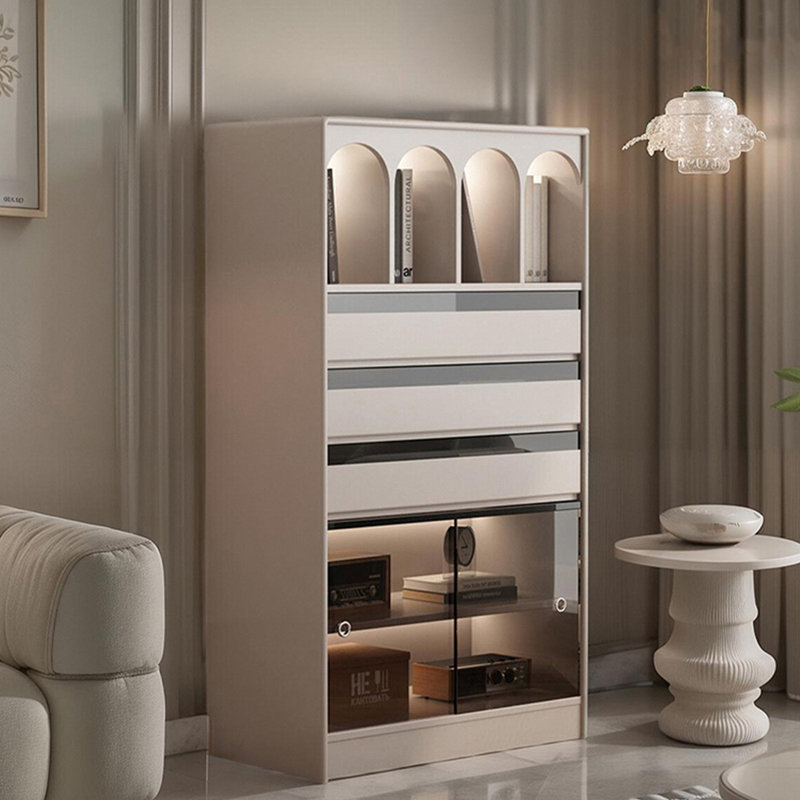 Solid Wood Door Cabinet Vintage Multifunctional Sideboard Floor Storage Magazine Cabinet, Apricot