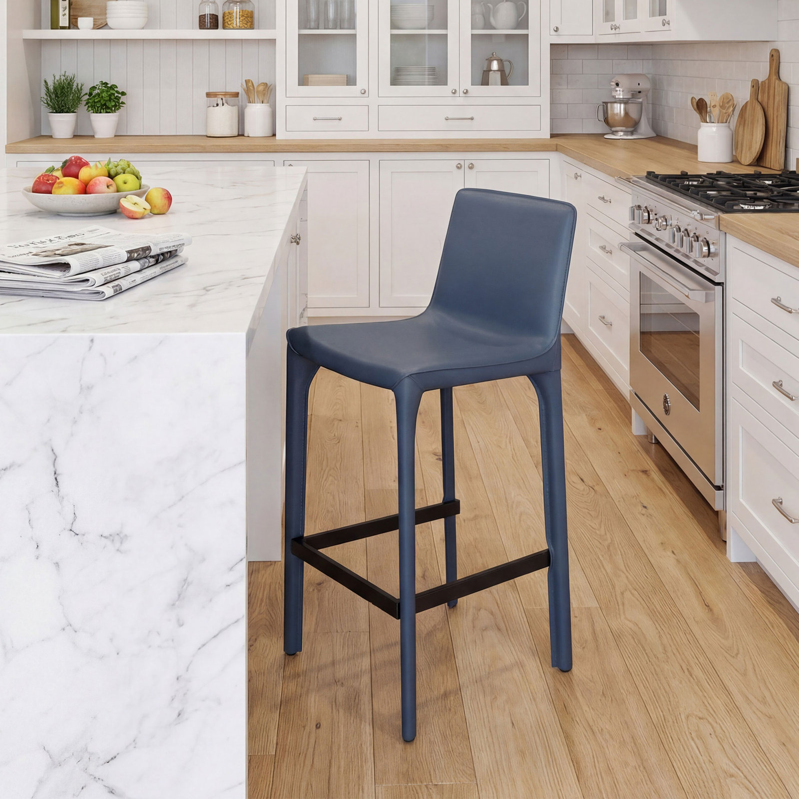 Vannes Vegan Leather Barstool, Blue, 3
