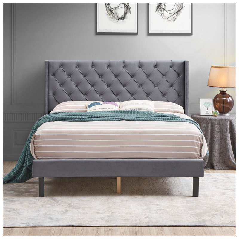 Velvet Button Tufted-Upholstered Bed With Wings Design - Strong Wood Slat Support - Easy Assembly - Grey, Queen, Platform Bed