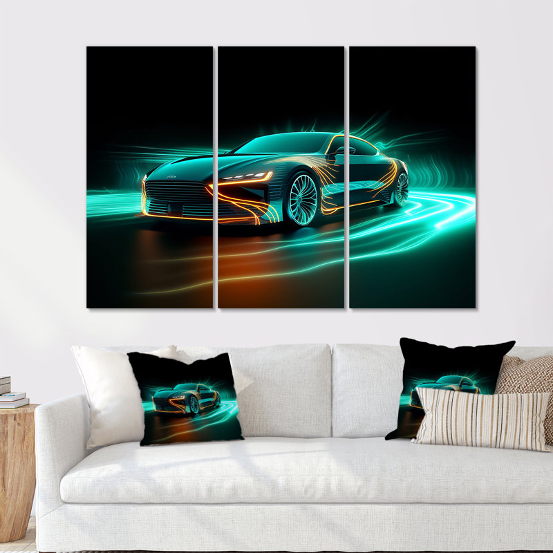 «Neon Light Strips Teal Hybrid Car I», ensemble d'art sur toile exotique, Toile tendue, H 40 po x l 60 po x P 1 po