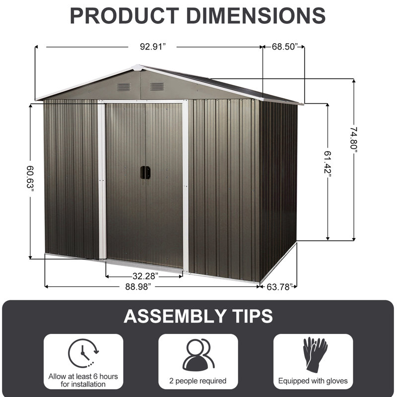 Outdoor 8Ft X 6Ft Metal Shed - Gray, Robust Galvanized Construction Sliding Doors & Convenient Access Strong Panels Secure Storage Solution
