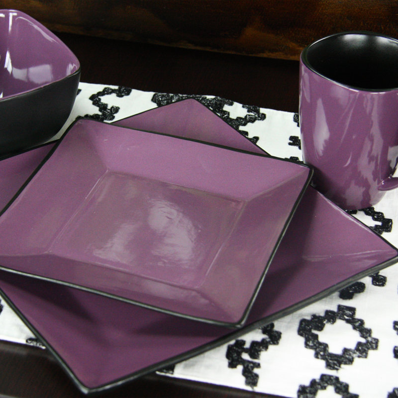 Mulberry Loft Purple and Black Ceramic Dinnerware Set for 4
