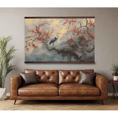 Tapisserie d'art «Blue Heron», toile de paysage japonais avec cintre en bois