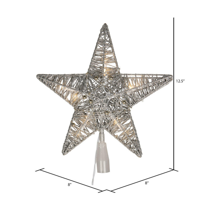 10 Light x 12.5" LED 5 Point Star Tree Top, Warm White LED Mini Lights., Silver