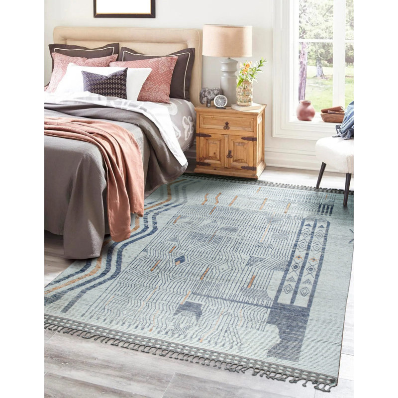 8x11 Ivory Hand-Knotted Wool Linear Maze Motif Tribal Modern Contemporary Carpet Rug