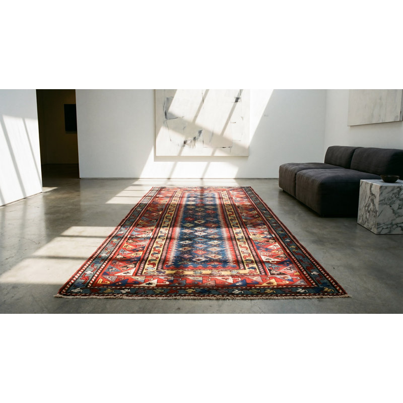 Tapis de couloir antique en laine bleu Kazak