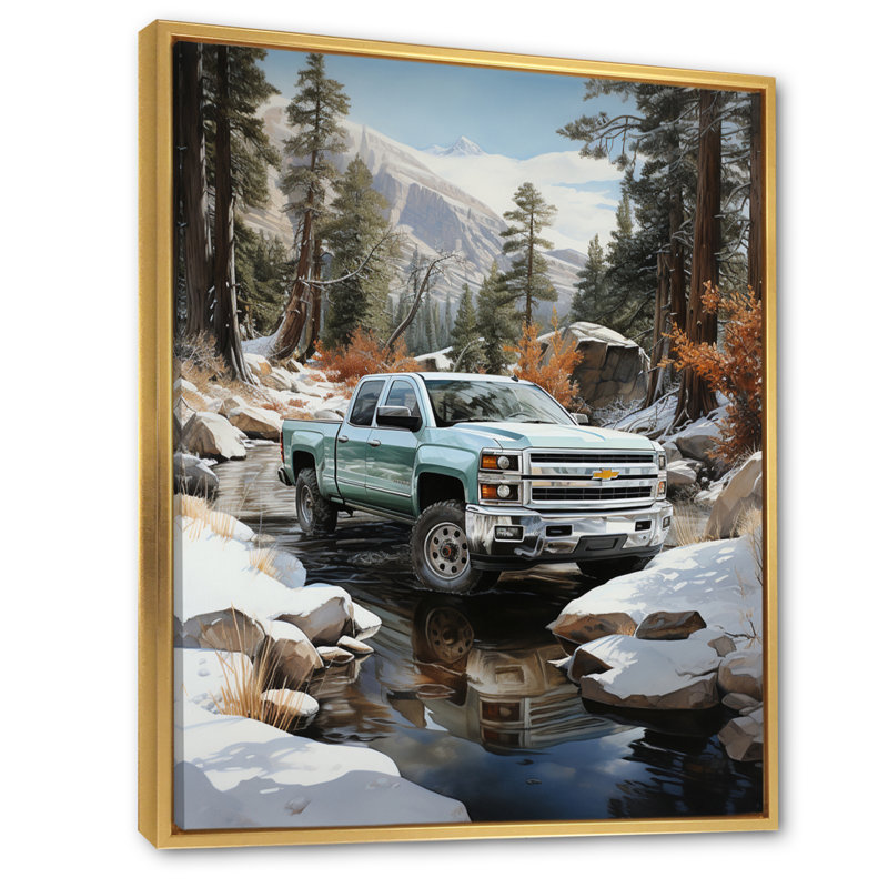 Choual, camionnette blanche Winter Wilderness - impression, H 32 po x l 16 po x P 1 po, Cadre flottant doré
