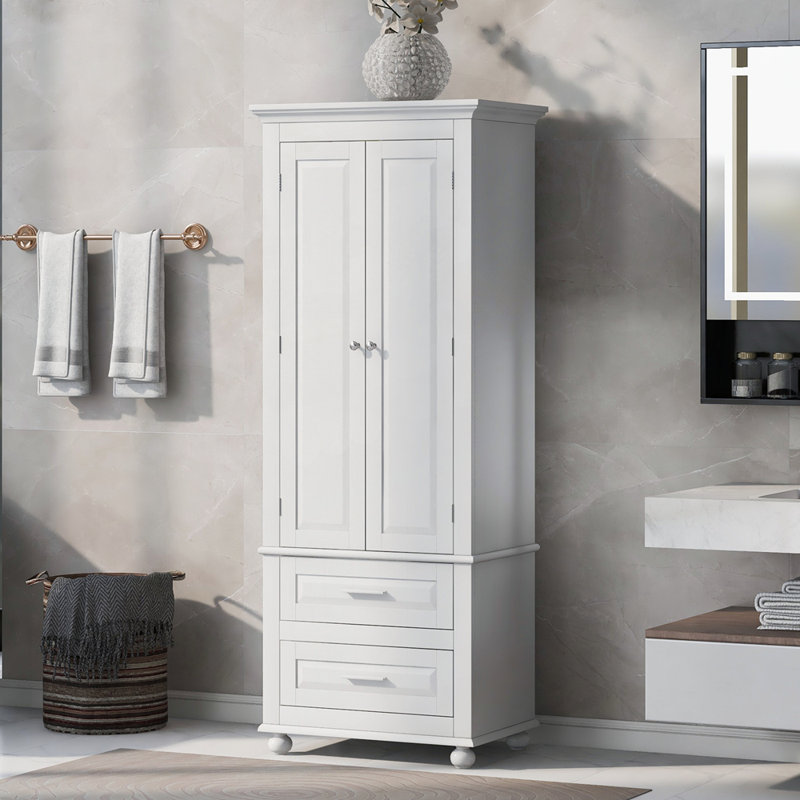 Tall Storage Cabinet with Two Drawers for Bathroom, Waterproof and Durable with Adjustable Shelves, White