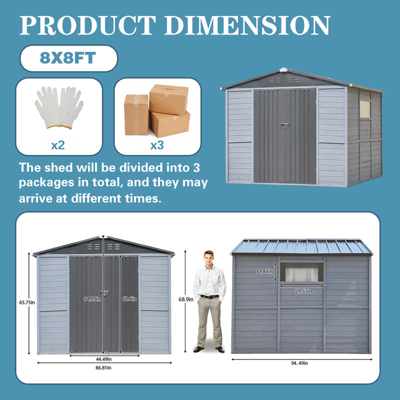 Outdoor Iron & Solid Wood Tool Storage Shed With Two Doors And Windows For Garden, Patio, Backyard