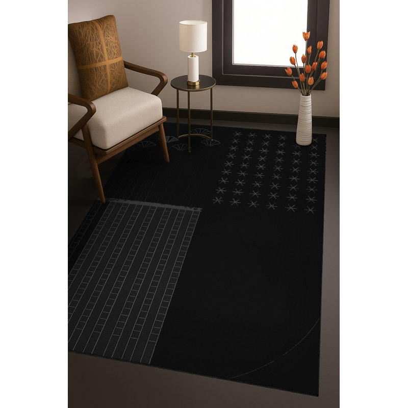 Tapis noir tissé à motif abstrait lavable Mosso, 4'7" x 6'7"