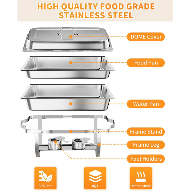 Ensemble de réchaud pour buffet, 6 paquets de 8 pte et chauffe-buffet avec cadre pliable, cuillère et pince à épiler, argent