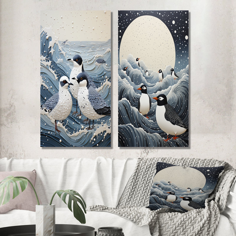 Beach Seagulls Haven Pointillism "Beach Seagulls Haven Pointillism" 2 - pièces sur, Toile tendue, H 32 po x l 32 po