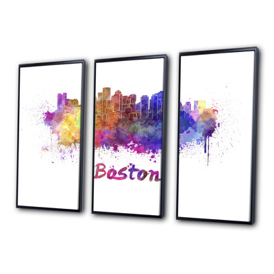 Boston Skyline - 3 pièces, peinture sur toile à cadre flottant