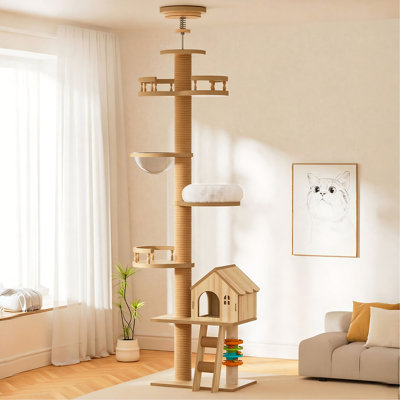 Du sol au plafond, arbre à chat, tour à chat avec poteau à griffes, hauteur réglable (98 à 110 pouces), grand lit en bois pour grotte et hamac, arbre à chat moderne