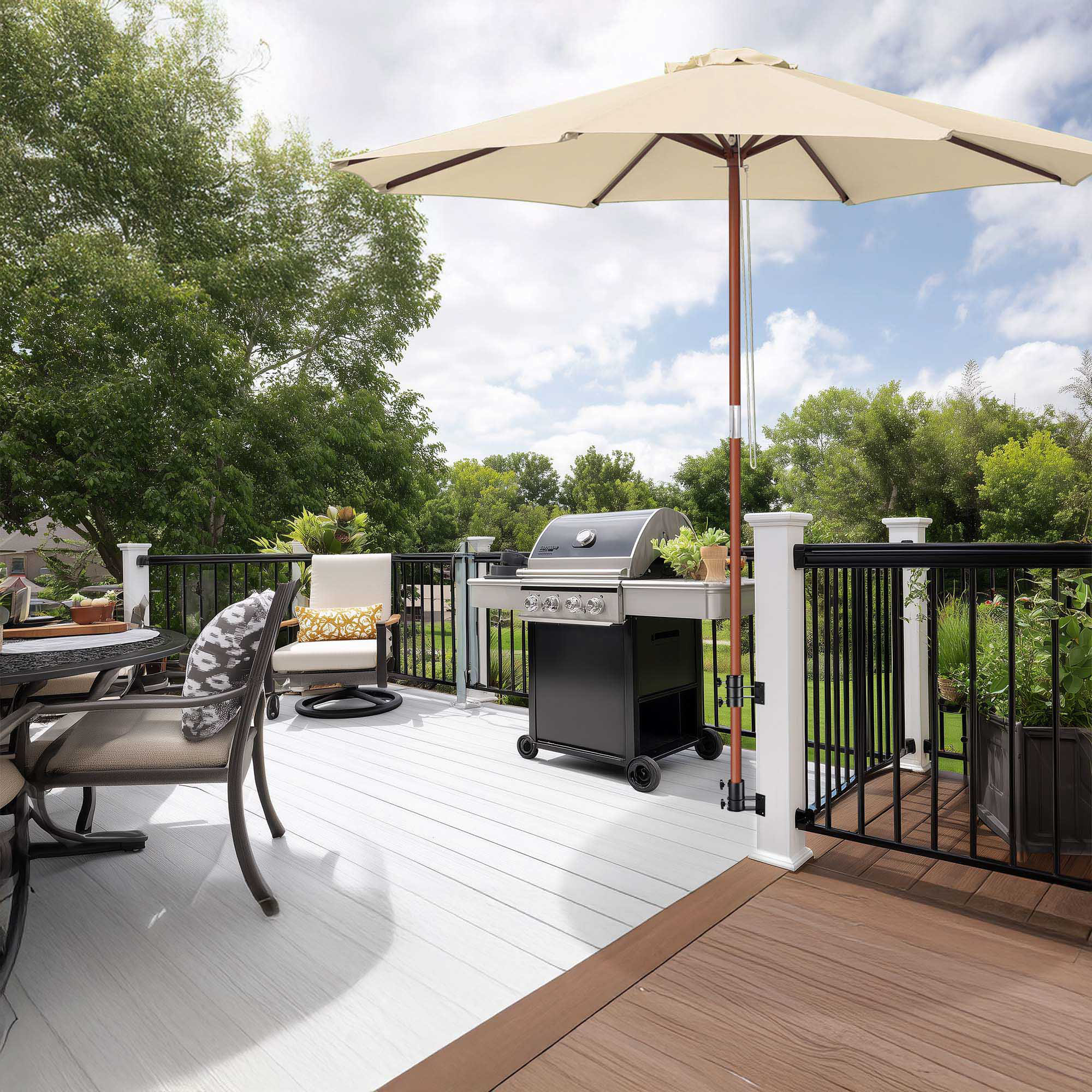 corner umbrella stand patio Arlmont & Co. Deck Umbrella Mount Holder Bracket Height Flexible for Patio  Railing Balcony Courtyard Poolside Mobile Cart Black Corner