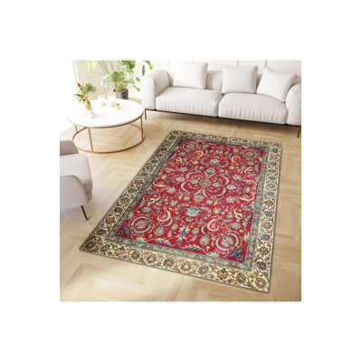 Red Theme Floral and Traditional Pattern Vintage Decorative Washable Rug