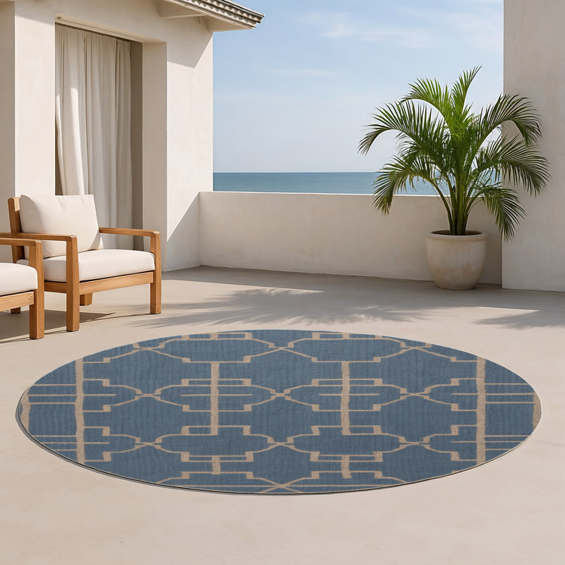 Tapis bleu intérieur et extérieur Trellis, Rond 5 pi