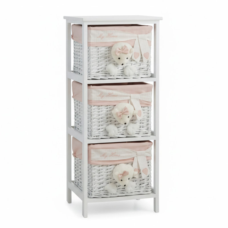 Armoire en bois à 3 tiroirs avec paniers de rangement en osier et cadeau d'ours blanc Jhavon