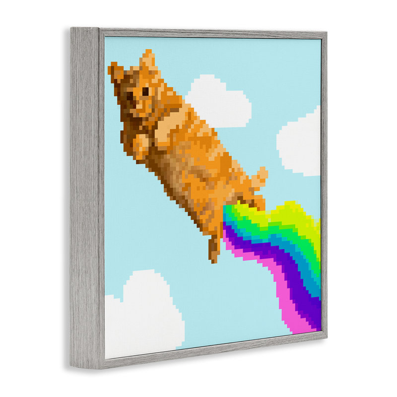 «Flying Rainbow Pixel Cat», art de la giclée encadrée par June Erica Vess, Estampe numérique Farmhouse, H 17 po x l 17 po