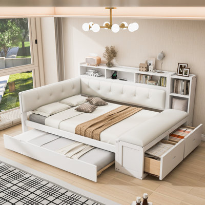 Full Size Wood Daybed with Trundle, Storage Shelves, Bench, Charging Station and Upholstered Headboard, White+Cream White Cushion