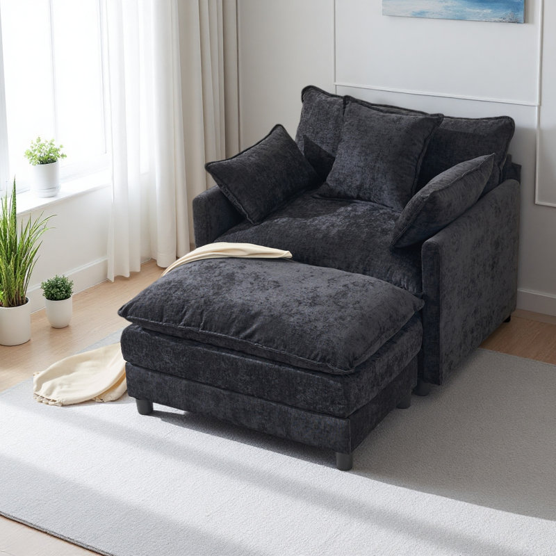 Fauteuil d'appoint rembourré en chenille de 39,4 po avec repose-pieds et fauteuil club moderne, Noir