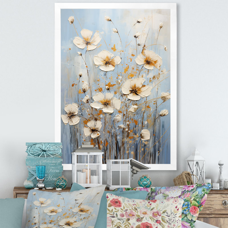 «Beige Wildflowers Floral Elegance I», reproduction sur toile, Cadre simple blanc, H 32 po x l 24 po x P 1 po