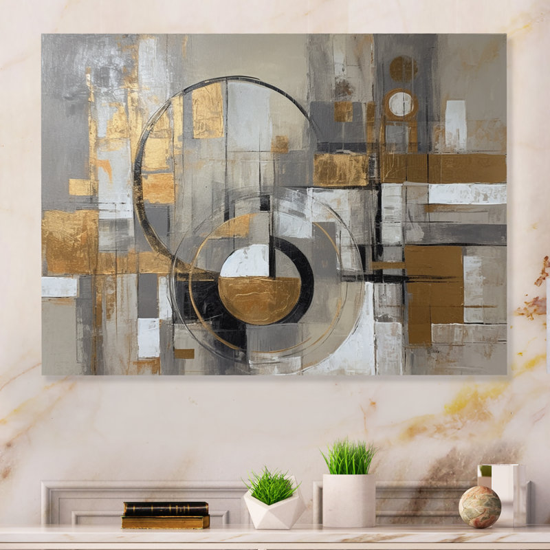 Or et gris, simplicité radicale I - art abstrait Mid-Century, Toile tendue, H 16 po x l 32 po x P 1 po