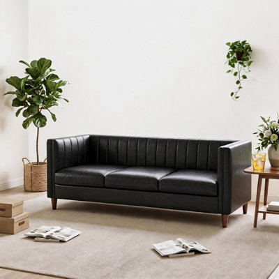 Mid‑Century Modern PU Leather Sofa, 81.1 Inch Upholstered Couch with Sturdy Wood Frame, Tufted Back Sofa for Living Room, Office, Lounge Room,3 Seat Couch for Office, Apartment, Simple Assembly