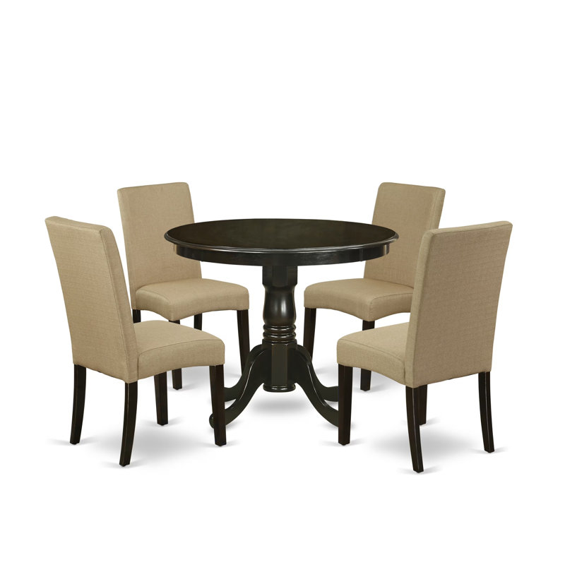 5 Piece Kitchen Table & Chairs Set Includes a Round Dining Room Table with Pedestal and 4 Brown Linen Fabric Parson Dining Chairs, Cappuccino