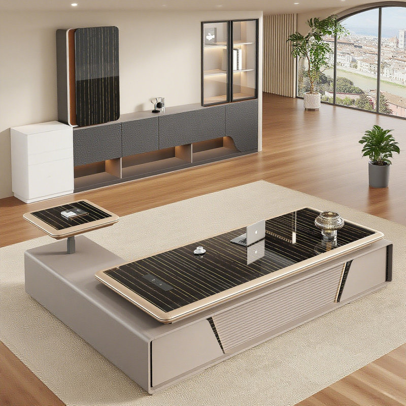 Bureau de direction multifonctionnel de luxe 78,74 po - Armoire d'appoint électrique réglable en hauteur avec boîte de câbles multimédia et serrure à combinaison, bureau double avec rangement Boss