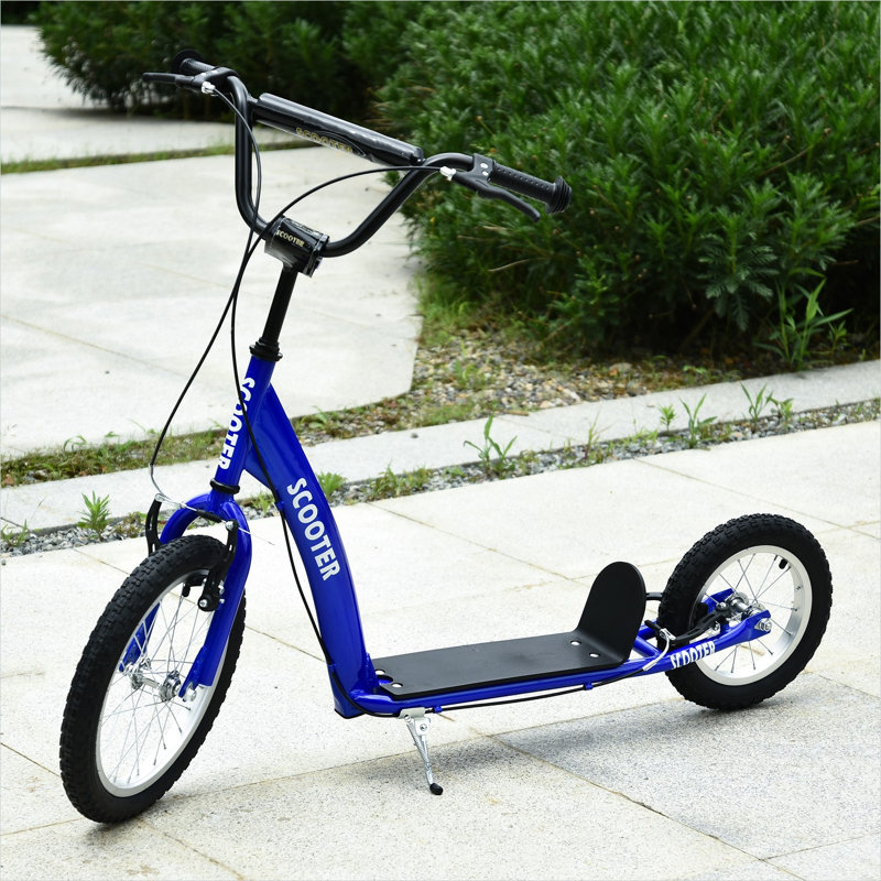 Trottinette pour enfants avec cadre en acier bleu foncé, trottinette double pour enfants de 16 po et 5 ans et plus