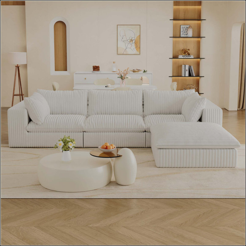Canapé Boneless Cloud, tissu en velours côtelé, sièges profonds, conception à deux couches, coussin amovible, White 2, 4