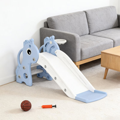 Toboggan autoportant, inspiré de la girafe, 3 marches, avec cerceau, en polypropylène, espacement antidérapant, rampes latérales, 1 an, bleu/blanc, montage et nettoyage rapides grâce à sa conception, ses matériaux et ses pédales.