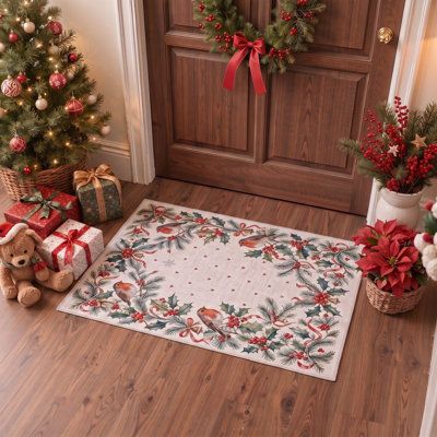 Tapis de salon lavable à poils ras, motif animalier de Noël Robin & Holly Border, ivoire/vert