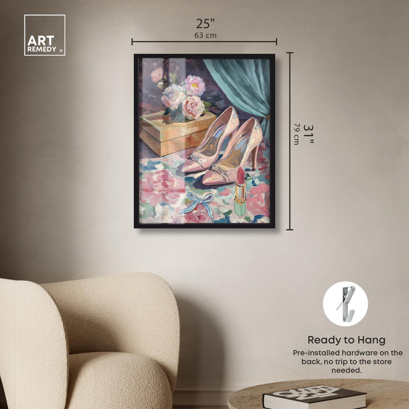 «Pink Heels Shadowbox Print» par Art Remedy, H 31 po x l 25 po, Noir