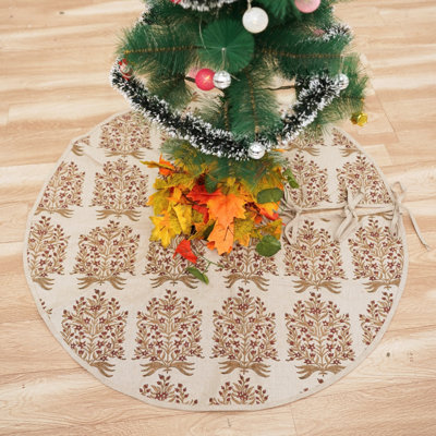 Fabdivine 72-Inch Diameter Handmade Linen Christmas Tree Skirt with Traditional Block Print Design Rustic, Eco-Friendly Holiday Décor Accent- Vridhavan