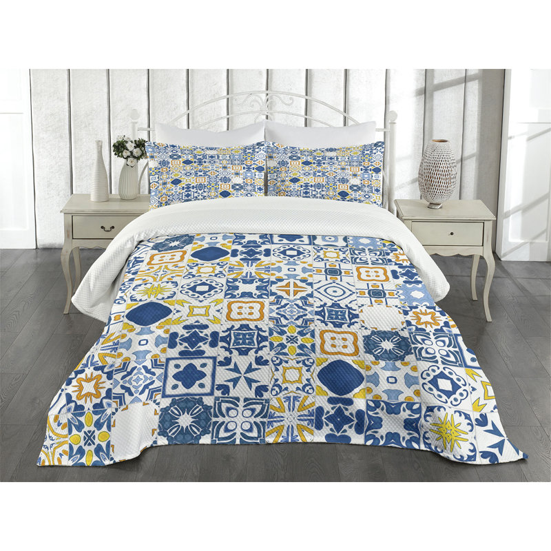 Blue and Mustard Mosaic Queen Quilted Bedspread Set