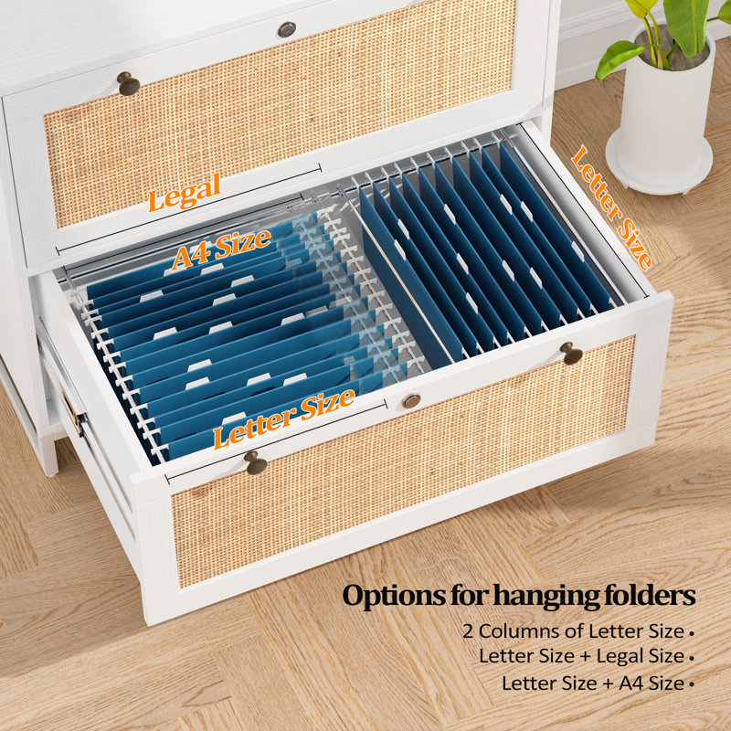 White and Natural Rattan 2-Drawer Lockable File Cabinet