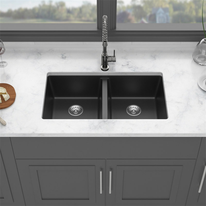 Quartz Kitchen Sink - 33" X 19" Black Granite Composite Undermount Kitchen Sink Double Bowl(50/50), Black