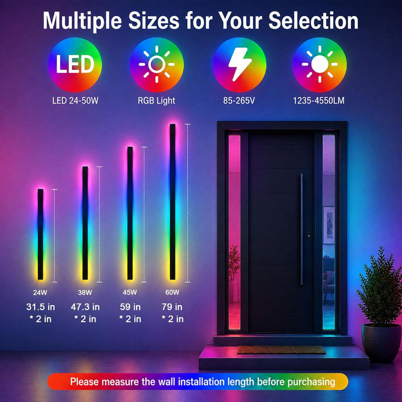 Luminaire mural d'extérieur moderne 31,5 pouces RVB 7 couleurs et 358 effets de lumière, à intensité variable avec télécommande (paquet de 2)