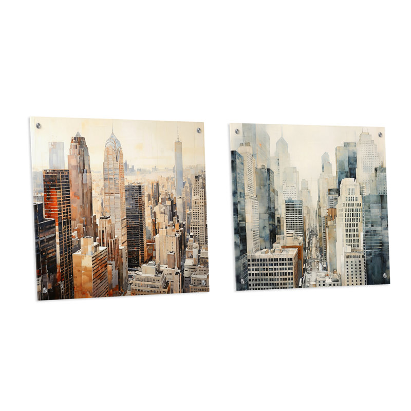 Ivoire infini gratte-ciel paysage urbain - gratte-ciel acrylique ensemble d'art mural en verre de 2, H 16 po x l 33 po