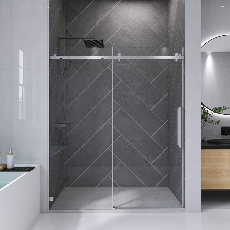 56" To 60" W X 72" H Frameless Single Sliding Shower Door With 1/4" (6Mm) Thick Tempered Clear Glass, Easy-Clean Coating, Stainless Steel Hardware