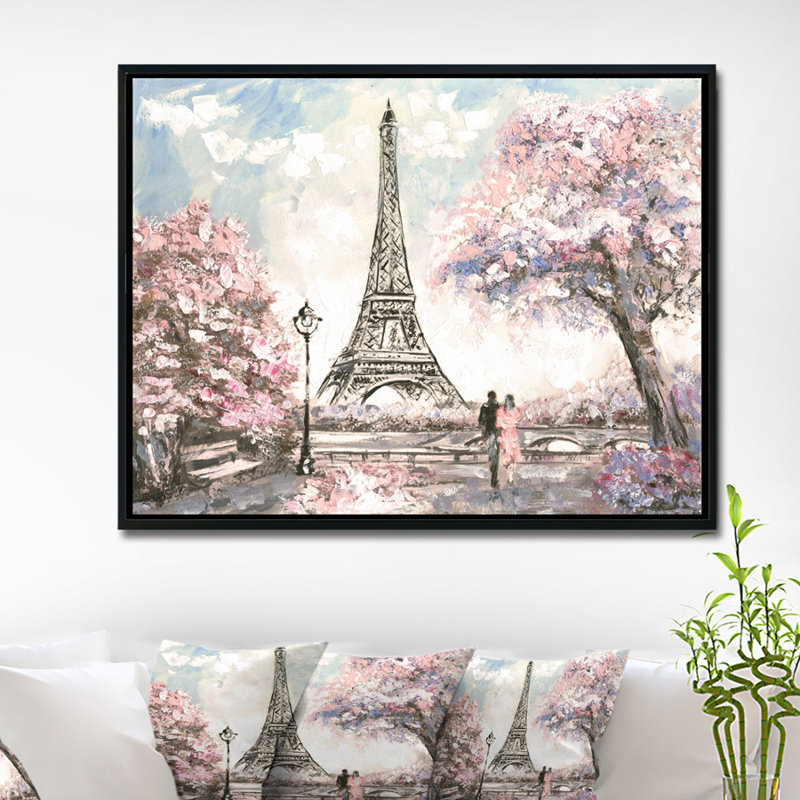 Paysage urbain «Eiffel avec fleurs roses», peinture, H 30 po x l 40 po x P 1,5 po, Toile avec cadre flottant