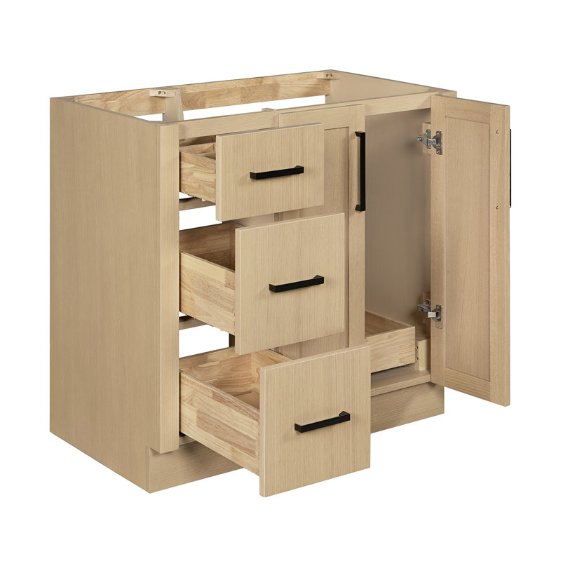   Kayleigh 36 Inch Right Offset Single Rectangle Sink Bathroom Vanity with Carrara White Quartz Countertop 1.5 Inch in Natural Oak