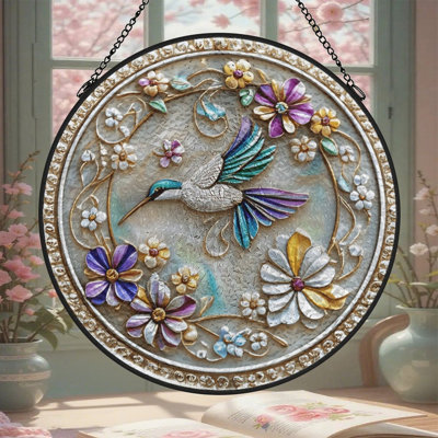 Colibri floral à vitrail pour fenêtre