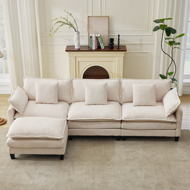 Canapé modulaire moderne 3 pièces avec repose-pieds et coussins décoratifs, siège en velours côtelé à assise profonde, Beige