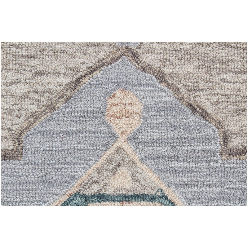Tapis beige / bleu en laine fait à la main Bungalow, Rectangle 7 pi 6 po x 9 pi 6 po
