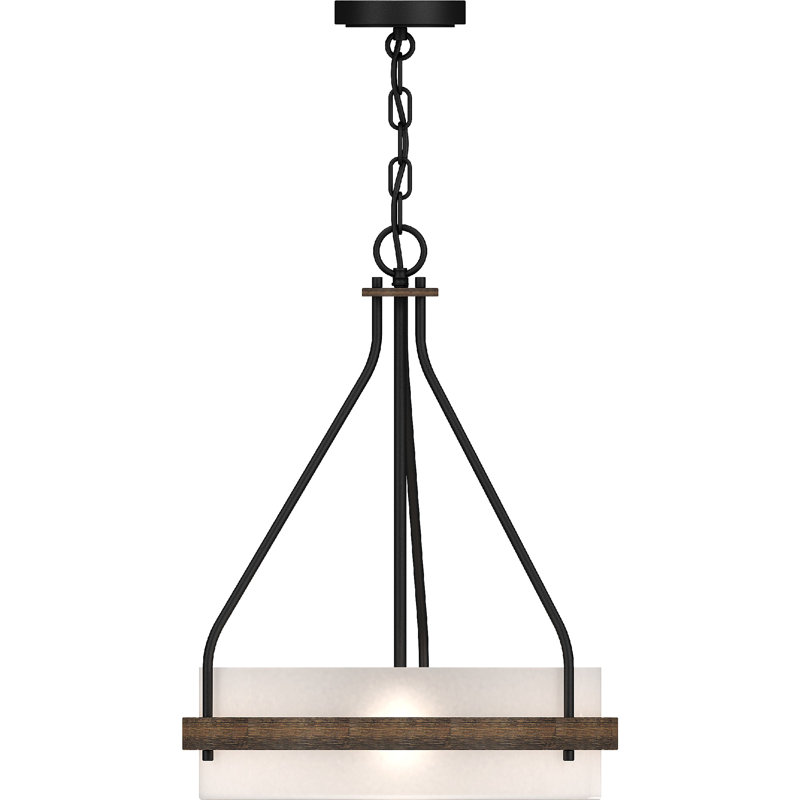 Mini-luminaire suspendu intérieur en noyer et noir à 3 lumières avec abat-jour tambour en verre givré Loriane
