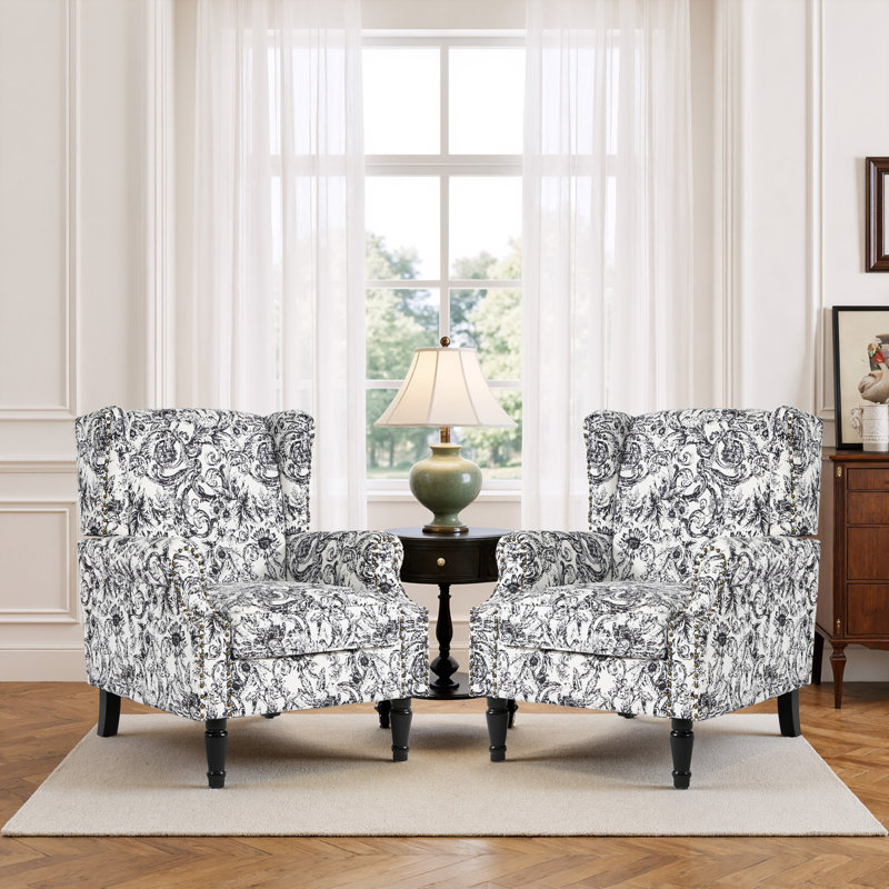 Duward Rococo Black Floral Upholstered Wingback Accent Chair With Nailhead Trim, Rococo Black