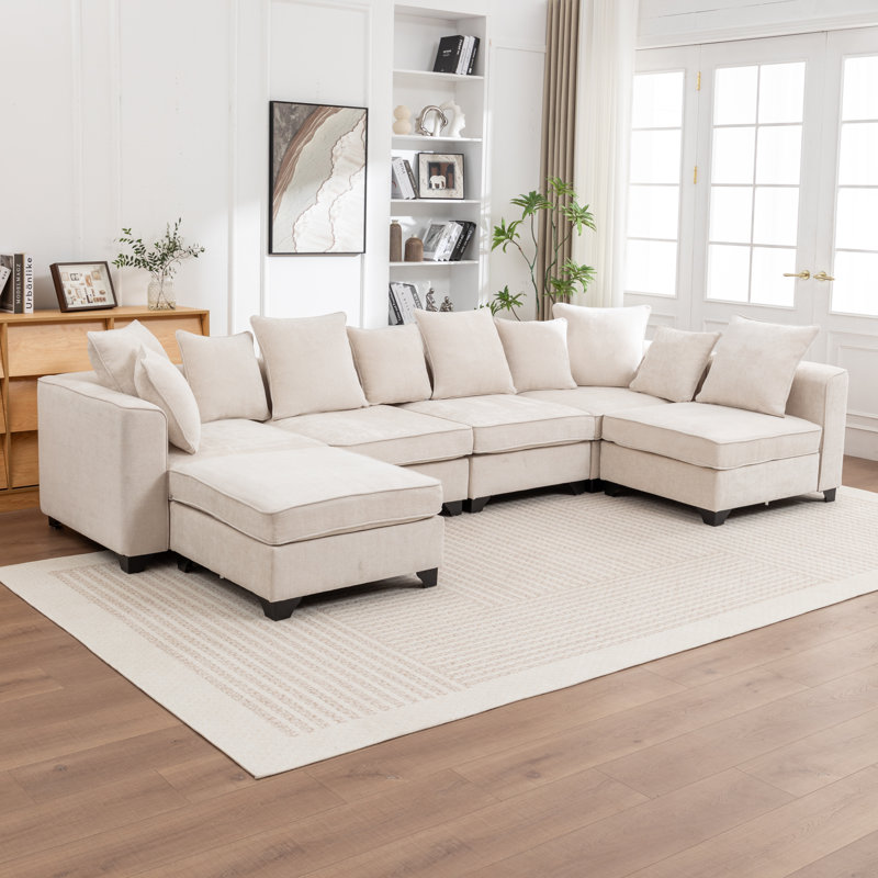 Kempson 6 - Piece Upholstered U-Shaped Sectional Sofa With Ottoman, Beige Polyester